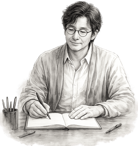 책상에서 글을 쓰는 사람의 연필화